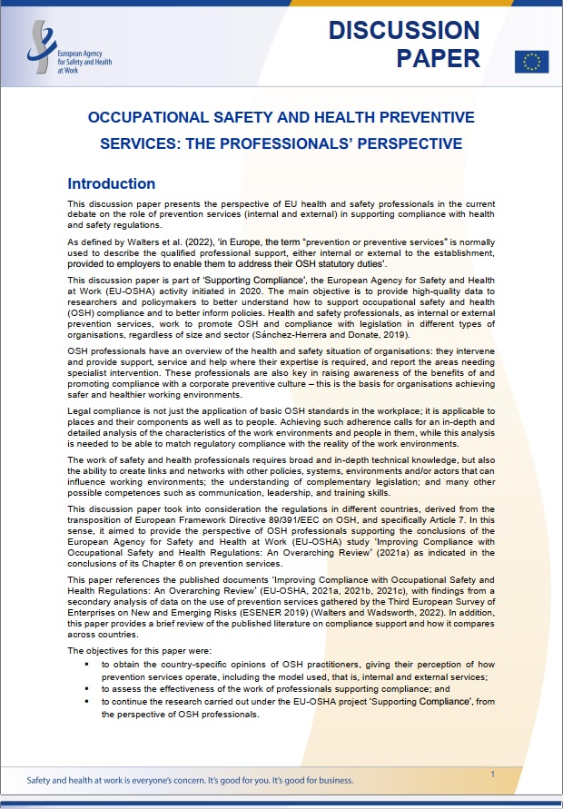 Discussion paper - OSH preventive services and professionals